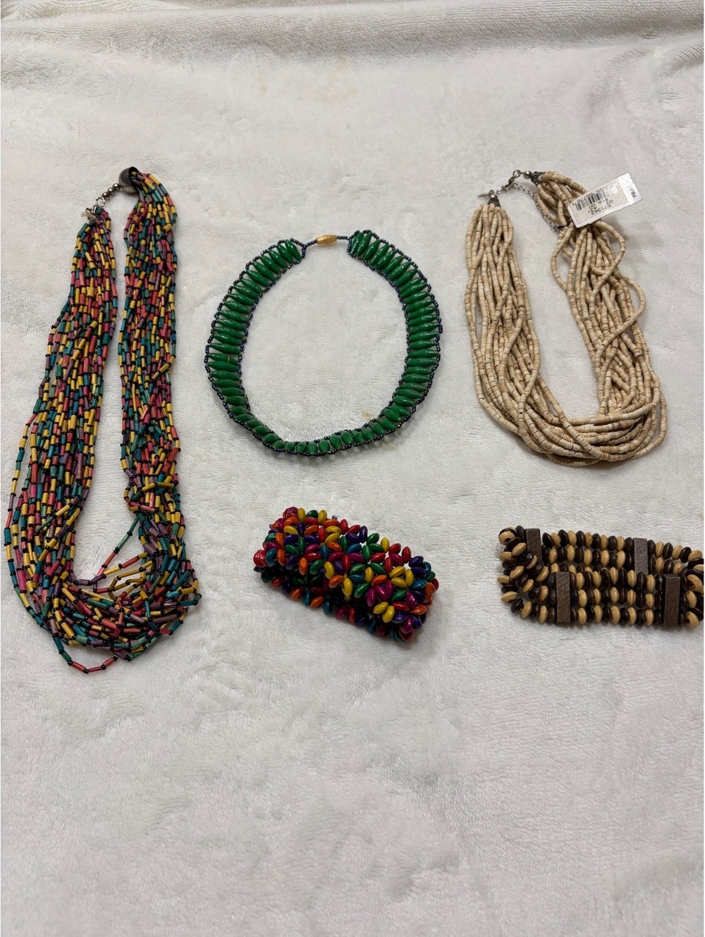 Lot of 2 multistrand necklaces multicolor beige green necklace 2 bracelets wood